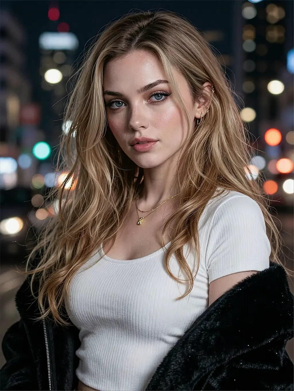 Fictional AI character featured on the fourth landing page, at night
